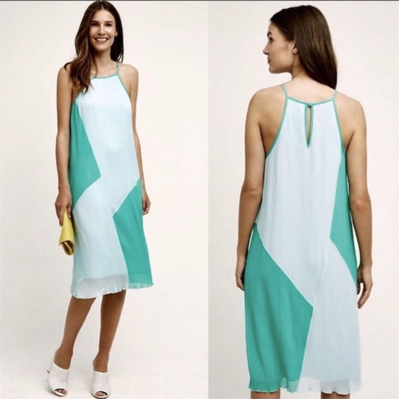 Anthropologie Dresses & Skirts - Anthropologie HD In Paris Blue Green Color Block Sleeveless Pleated Midi Dress S